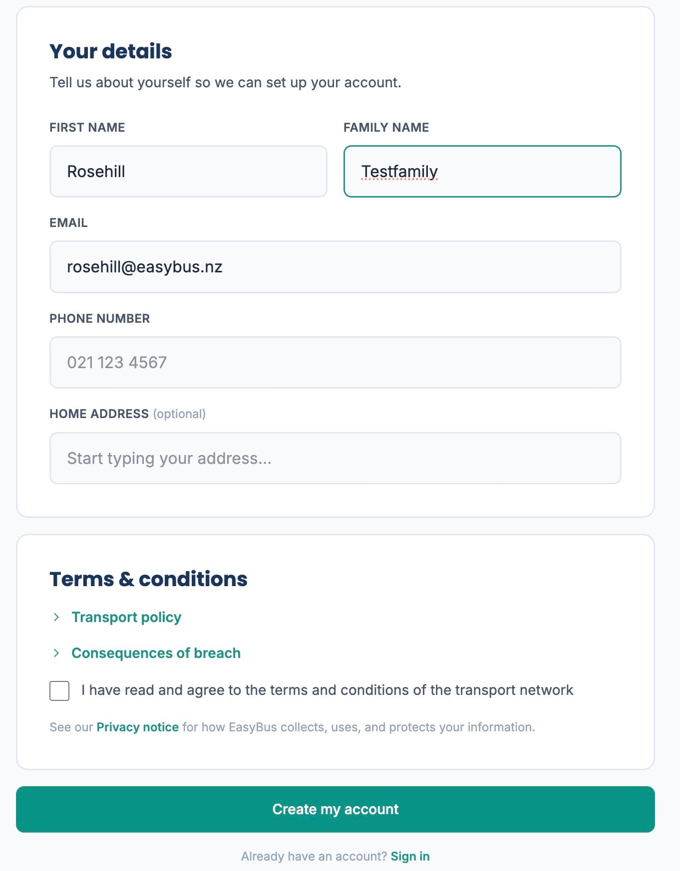 Registration form showing parent name, email, phone and terms checkbox.