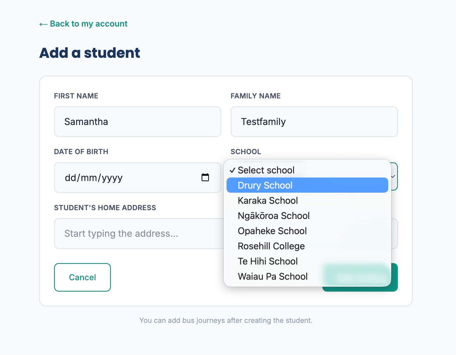 Add a student form with the school dropdown open, listing the network schools.